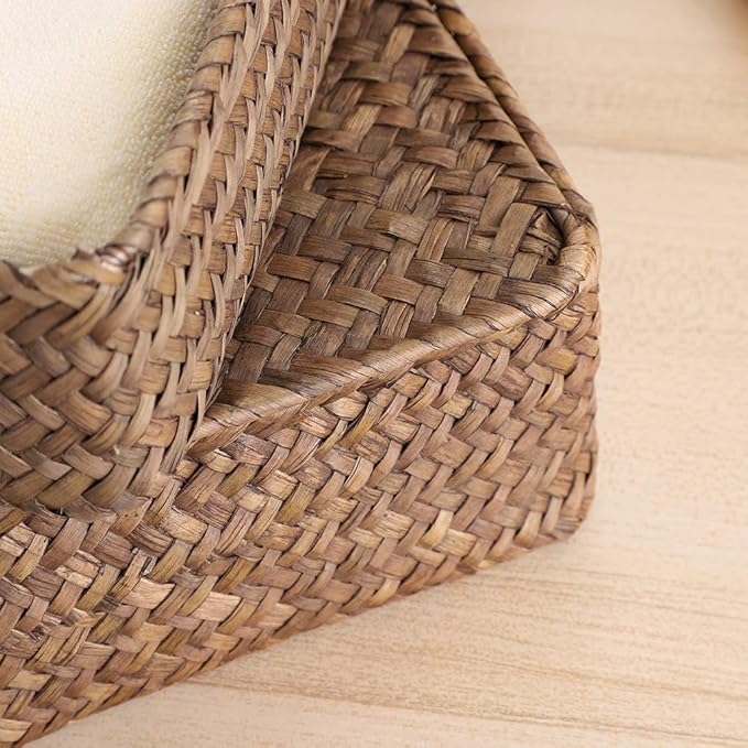 Hipiwe Set of 2 Flat Woven Wicker Storage Bins with Lid Natural Seagrass Basket Multipurpose Home Boxes for Shelf Organizer (Coffee)