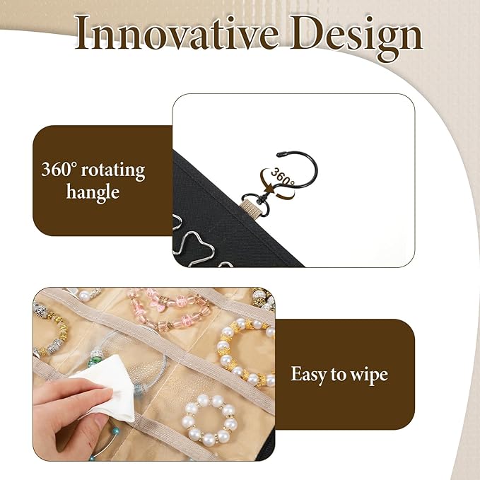 2 Pack Hanging Jewelry Organizer Storage with 32 Pockets and Hooks Dual-Sided Hanging Jewelry Organizers and Storage Hang on Closet, Wall, Door for Earrings, Necklaces, Rings,Blcak