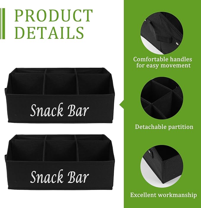 Snack Organizer for Countertop, 6 Compartment Snack Storage with Side Handles, 2 Pack Fabric Snack Basket Container, Lightweight Snack Bar Station Organizer, Kitchen Pantry Storage - Black