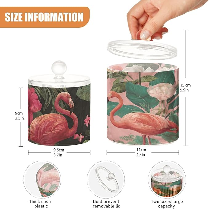 2 Pack Qtip Dispenser Apothecary Jars with Lids Cotton Round Holder Bathroom Canisters for Cotton Swab Floss Ball Pads Clear Plastic Decorative Pink Black Tropical Flamingo and Plants