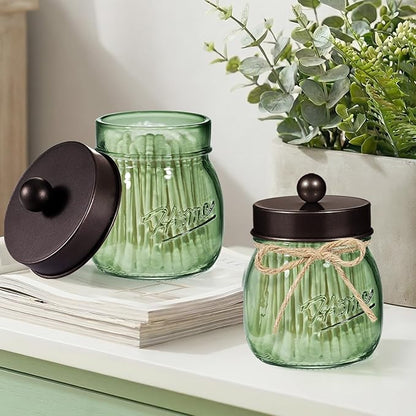 SheeChung Green Glass Qtip Holder Dispenser, Mason Jar Apothecary Jars with Lids, Bathroom Organizers and Storage, Vanity Countertop Canisters Set for Cotton Swab, Ball, Pad, Floss Pick-Bronze, 2 Pack