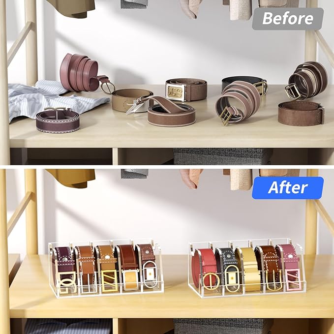 NIUBEE Belt Organizer - Acrylic Belt Storage Holder with 5 Compartments and Display Stand
