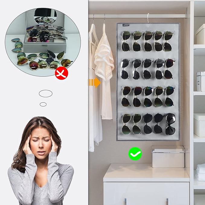 Dual Sided Hanging Sunglasses Organizer Wall Mounted Glasses Rack Storage Eyeglasses Holder Eyewear Display Case with 40 Slots (40 Slots-Grey)