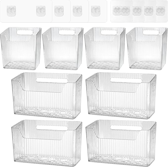 8 Pcs Storage Organizer Bins - Wall Mounted Basket in 2 Sizes, Clear Cabinet Door Stackable Adhesive Hanging Bin for Bathroom, Kitchen, Pantry