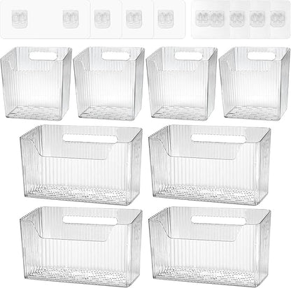 8 Pcs Storage Organizer Bins - Wall Mounted Basket in 2 Sizes, Clear Cabinet Door Stackable Adhesive Hanging Bin for Bathroom, Kitchen, Pantry