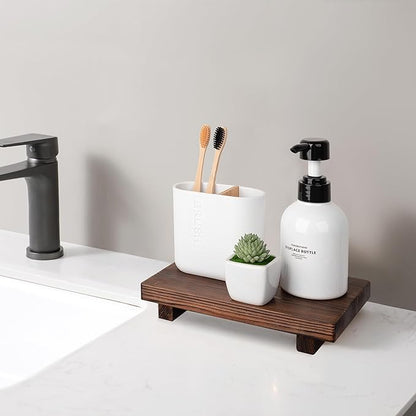 Bathroom Counter Organizer Wood Pedestal Stand Farmhouse Decorative Tray Soap Holder for Kitchen Decor, 9" x 6" - Dark Brown