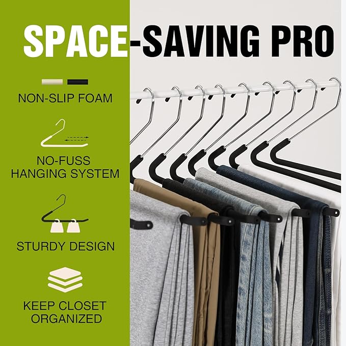 Spring Fever Open Ended Non Slip Sponge Padded Pants Hangers - Chrome Plating Foam Heavy Duty Space Saving Black Long 20