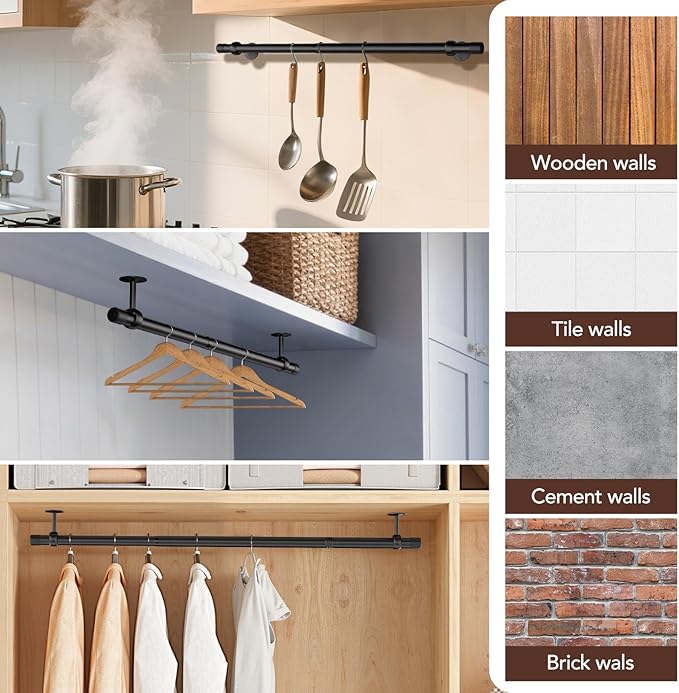 SUTINE Closet Rod, Closet Rods for Hanging Clothes, 17 to 37 inch Adjustable Ceiling/Wall mounted Closet Hanging Rod, Heavy Duty Clothes Rod Clothing Bar, Closet Poles for Hanging Clothes for Wardrobe