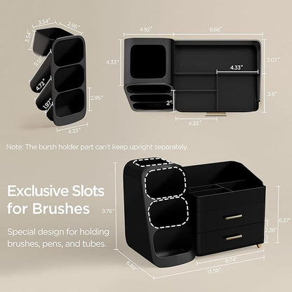 HBlife Makeup Organizer with Brush Holder for Vanity, Large Plastic Bathroom Countertop Organizer Skin Care Storage, Easy to Store Lipsticks, Nail Polishes, Perfumes, Eyeshadow Palettes, All Black
