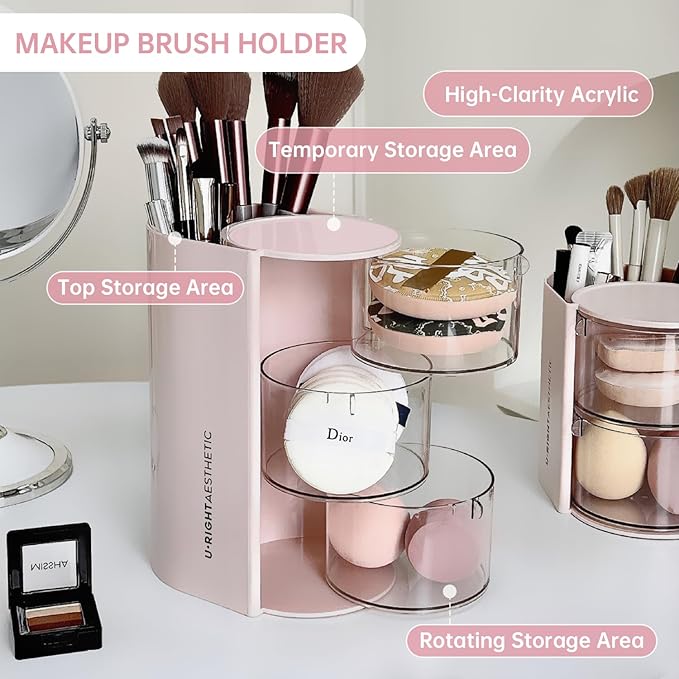 Clear Hair Accessories Organizer & Hair Brush Holder, Rotatable Makeup Brush Holder and Jewelry Storage Box for Hair Clips, Earrings, Necklaces, Rings and Bracelets (Pink, 3-Layer)