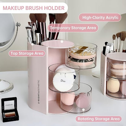 Clear Hair Accessories Organizer & Hair Brush Holder, Rotatable Makeup Brush Holder and Jewelry Storage Box for Hair Clips, Earrings, Necklaces, Rings and Bracelets (White, 3-Layer)