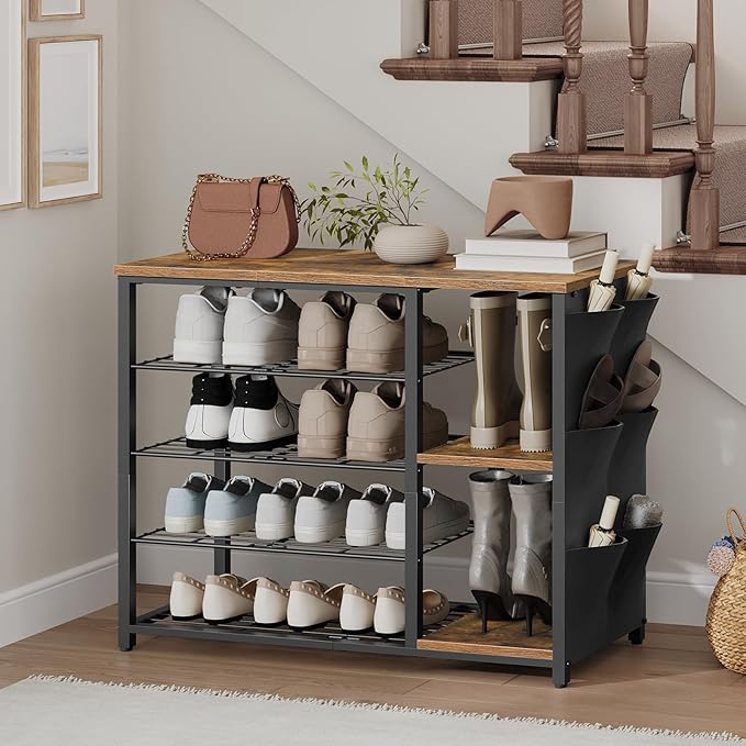 YATINEY Industrial 5-Tier Shoe Rack, Metal Shoe Storage Organizer with Side Oxford Pocket, Entryway Heavy Duty Shoe Shelf for Small Spaces, Entryway, Hallway, Rustic Brown and Black SS84BR