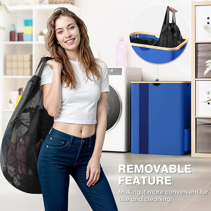 BlissTotes Laundry Basket with Lid, 150L Clothes Laundry Hamper with Handles and 2 Removable Laundry Bag, Breathable Design Hamper with Lid for Bedroom, Bathroom, Dorm, Laundry Room - Blue