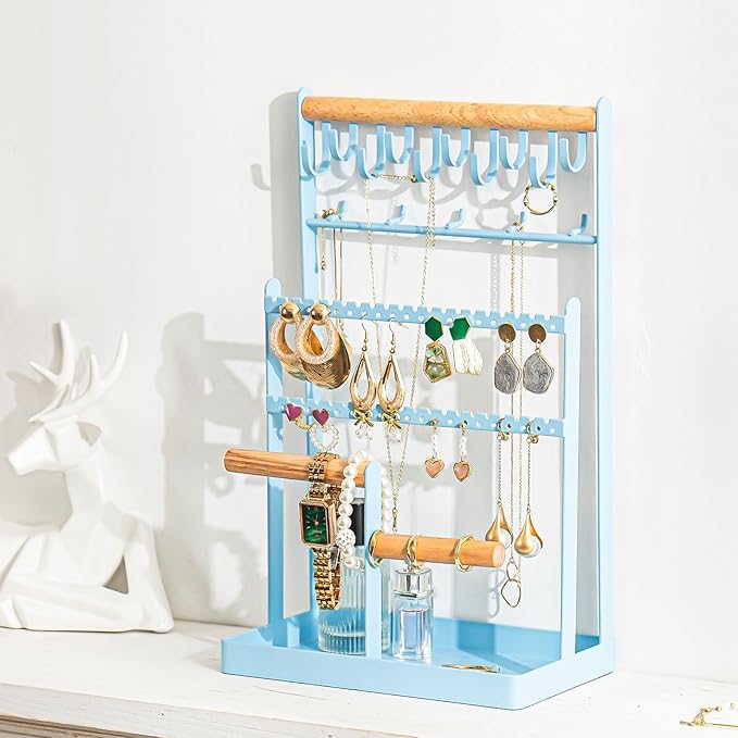 ProCase Jewelry Organizer Stand Necklace Organizer Earring Holder, 6 Tier Jewelry Stand Necklace Holder with 15 Hooks, Jewelry Tower Display Rack Storage Tree for Bracelets Earrings Rings -Blue