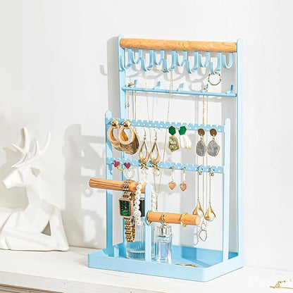 ProCase Jewelry Organizer Stand Necklace Organizer Earring Holder, 6 Tier Jewelry Stand Necklace Holder with 15 Hooks, Jewelry Tower Display Rack Storage Tree for Bracelets Earrings Rings -Blue