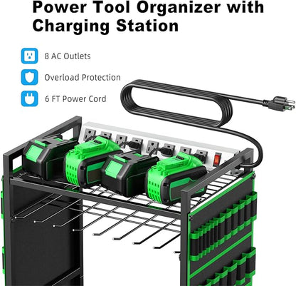 JUNNUJ Large Power Tool Organizer Cart with Charging Station, Garage Floor Standing Rolling Drill and Tools Battery Storage Cart on Wheels, Heavy Duty Rack Shelf with 8 Outlet 10 FT Power Strip, Green