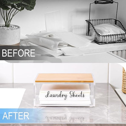 Acrylic Laundry Detergent Sheets Holder with Bamboo Lid, Laundry Soap Sheets Container Box Dispenser for Laundry Room
