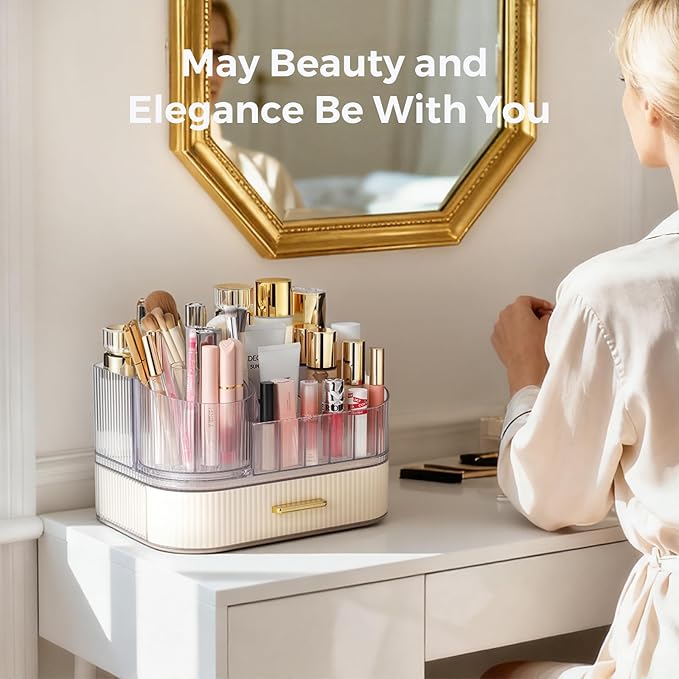 Delamu Makeup Organizer for Vanity with Stackable Drawer, 360 Rotating Makeup Brush Holder, Large Cosmetic Organizer with Tiered Storage for Skincare, Lipstick, Eyeshadow Brushes, Perfume, White