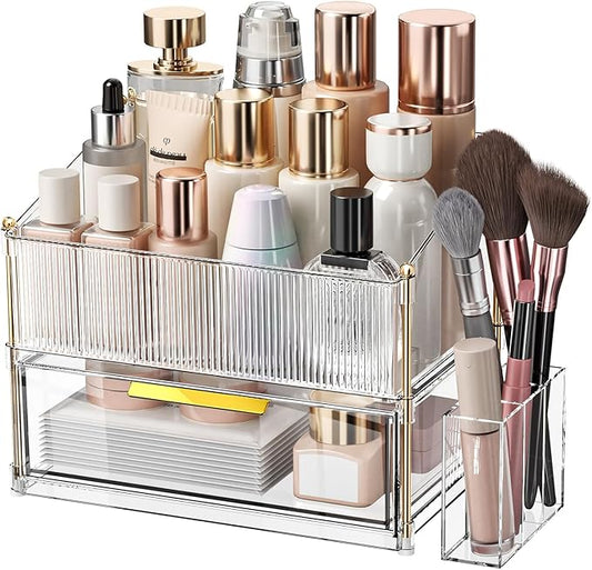 INVSSENE Stackable Makeup Organizer Countertop, Storage Perfume Skincare Cosmetic Lipstick Face Mask Makeup Brush Palettes, Ideal for Vanity Bathroom Counter