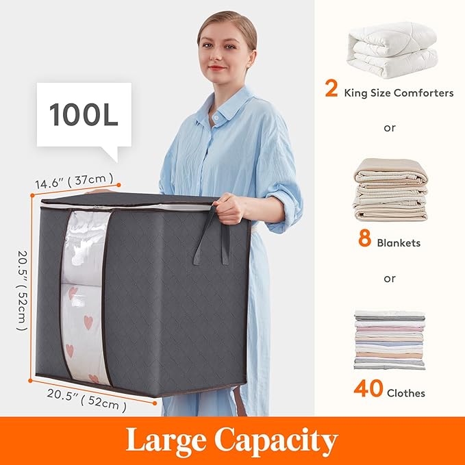 Lifewit 6 Pack 100L Clothes Storage Bins with Lids, Foldable Blanket Storage Bags with Zippers, Clear Window and Reinforced Handles, Closet and Organization for Clothing, Sweater, Comforter, Bedding