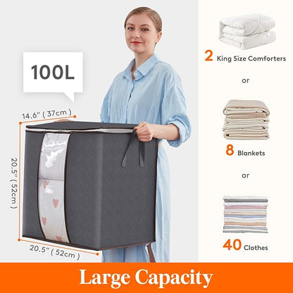 Lifewit 6 Pack 100L Clothes Storage Bins with Lids, Foldable Blanket Storage Bags with Zippers, Clear Window and Reinforced Handles, Closet and Organization for Clothing, Sweater, Comforter, Bedding