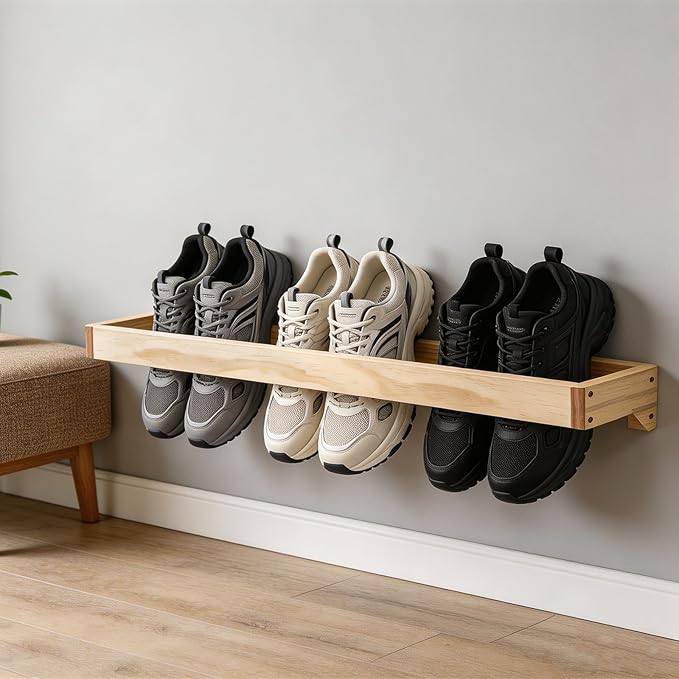 4 Pcs Wood Wall Mounted Shoe Rack 30 Inch Wall Mounted Shoe Rack for Narrow Spaces Footwear Holder Space Saving for Closet Mudroom Entryway