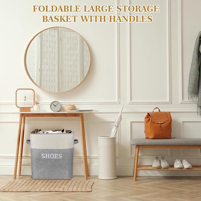Lukeline Fabric Shoe Basket for Entryway, Hallway or Mudroom - Flodable Space-Saving Storage Bin for Closet, Decorative Home Decor (Extra Large)