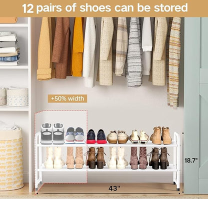 KEETDY 2-Tier Long Shoe Rack for Closet Metal Shoe Organizer for Entryway, Wide Stackable Shoe Storage Shelf with Sturdy Wire Grid for Closet Floor, Bedroom, White