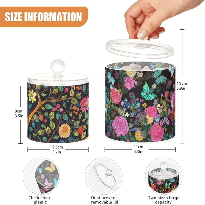 2 Pack Qtip Dispenser Apothecary Jars with Lids Cotton Round Holder Bathroom Canisters for Cotton Swab Floss Ball Pads Clear Plastic Decorative Rose Flower Butterfly Tree Black