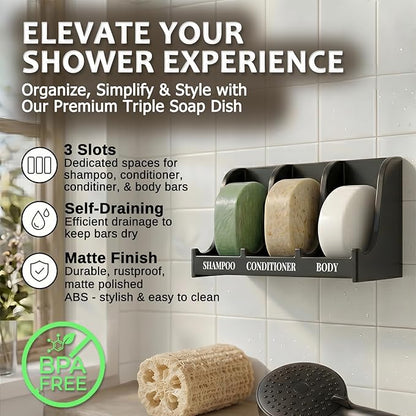 Soap Holder for Shower Wall, 3-Compartment Soap Dish for Shampoo, Conditioner and Body Soap, Fast Draining & Rust-Proof & Heavy Duty, Ultra-Strong Self Adhesive & Freestanding (Black, Label)