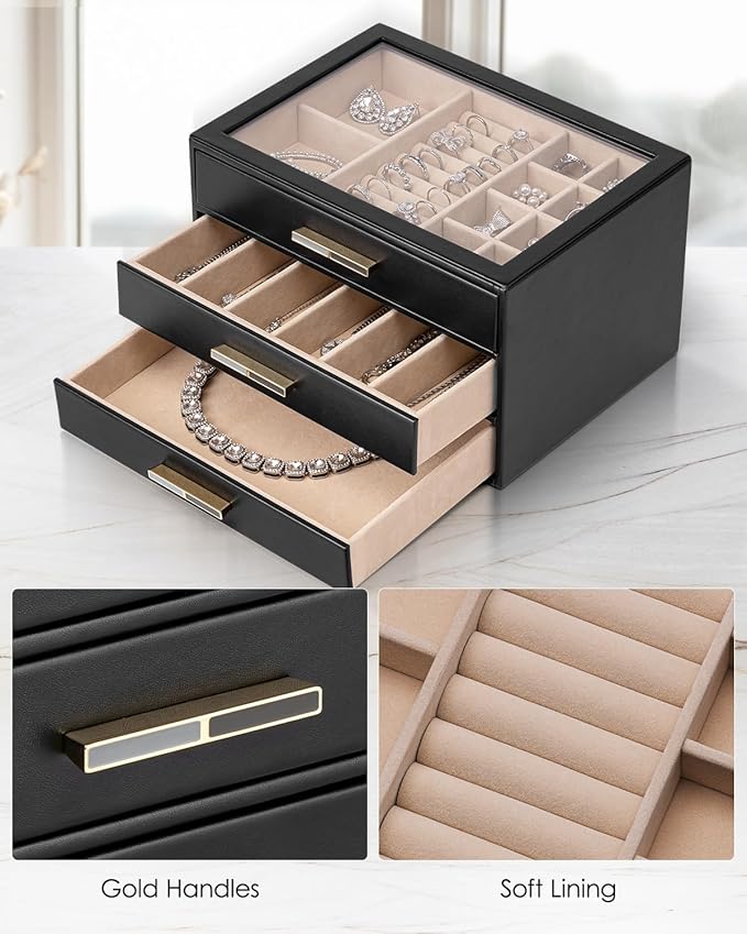 VLANDO Jewelry Box for Women, 3-Layer Jewelry Organizer with Drawers, Glass Lid Display Jewelry Storage, Soft PU Leather Exterior, Contrast Gold Metal Handles, Refined Style - Obsidian