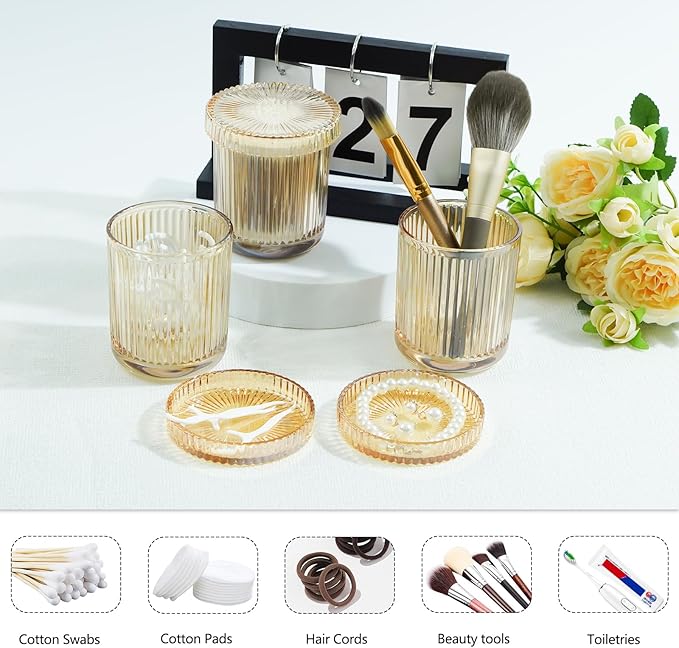 2 Pack Glass Container Qtip Holder with Lid,Mouthwash Cup,Cosmetic Storage for Bathroom,Glass Jars for Cotton Swabs,Makeup Pads,Dental Flossers,Jewelry Trays,Glass holders,Amber