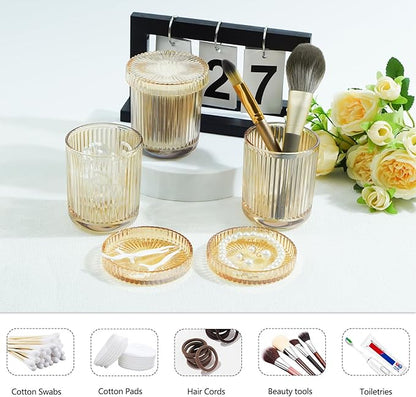 2 Pack Glass Container Qtip Holder with Lid,Mouthwash Cup,Cosmetic Storage for Bathroom,Glass Jars for Cotton Swabs,Makeup Pads,Dental Flossers,Jewelry Trays,Glass holders,Amber