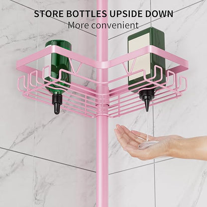 DAOYA Corner Shower Caddy Tension Pole - Pink - Rustproof Adjustable Bathroom Organizer Shelf for Shampoo, 25–114.2 Inch Shower Rack for Renters, Apartments