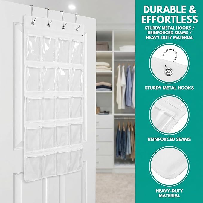 Premium Over Door Shoe Organizer, White, 20 Pockets, Heavy Duty Hanging Storage Rack with Metal Hooks for Closet, Bathroom, Dorm, Space Saving Solution for Shoes, Accessories, Toys