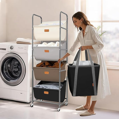 STORAGE MANIAC Vertical Rolling Laundry Hamper, 4 Section Laundry Sorter with Wheels and 2 Breaks, 4-tier Laundry Baskets for Small Space, Dorm, Laundry Room, Closet, Multicolored 4-tier