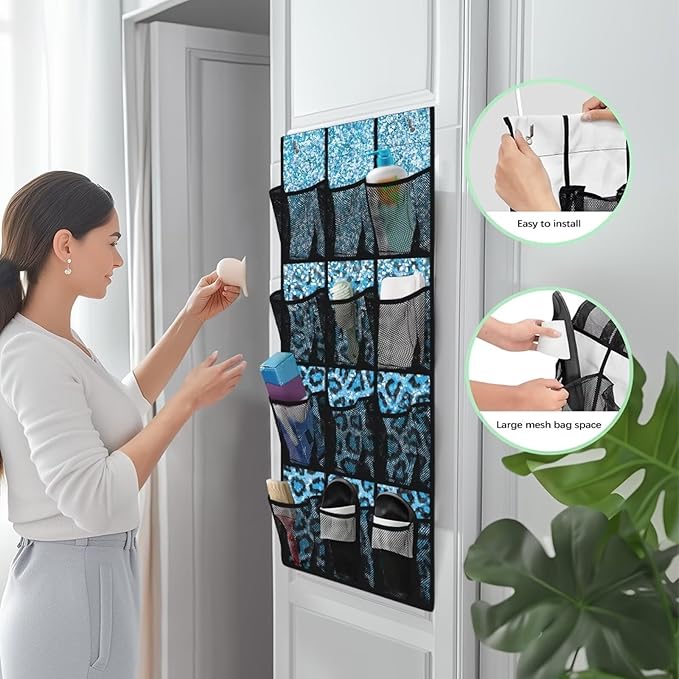 Large Capacity Door Organizer with 12 Pockets, Storage Hanging Bag Behind the Door for Accessories and Essentials, Foldable and Space Saving Design for Home Use, Shiny Blue Leopard Print