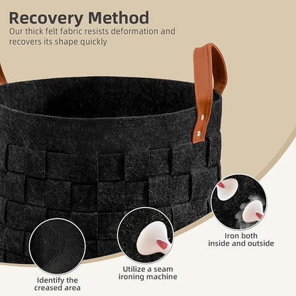 BOLDMONKEY Laundry Basket 20" x20 " x11.8 ", Large Round Blanket Basket with Leather Handle, Felt Storage Basket for Living Room, Nursery, Dog Toys-Dark Gray