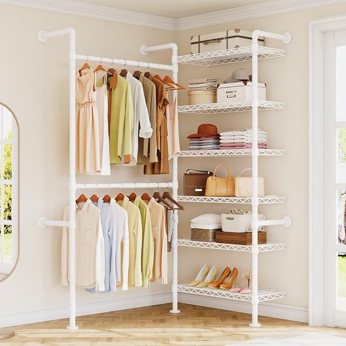 ONBRILL H2 Wall Mounted Clothing Rack, Expandable Industrial Pipe Clothes Rack Garment Racks for Hanging Clothes, Heavy Duty Closet Organizers and Storage in Closet System, White