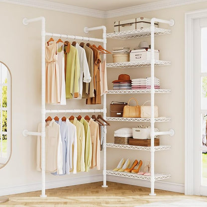 ONBRILL H2 Wall Mounted Clothing Rack, Expandable Industrial Pipe Clothes Rack Garment Racks for Hanging Clothes, Heavy Duty Closet Organizers and Storage in Closet System, White