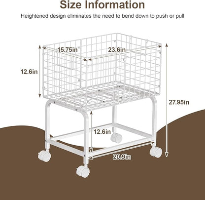 Wire Laundry Cart with Wheels,80L Rolling Laundry Basket Trolley with Pull Handle,White High Laundry Basket Cart for Laundry Room,Bathroom,Bedroom-White(23.6 * 15.75 * 28inch)