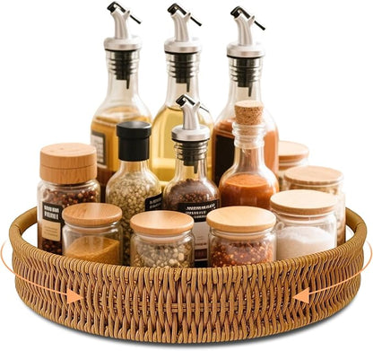 12 Inch Rattan Lazy Susan Organizer for Cabinet, Round Rotating Wicker Turntable Serving Tray with Handles for Kitchen Counter, Coffee Table