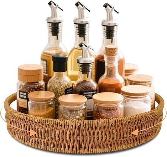 12 Inch Rattan Lazy Susan Organizer for Cabinet, Round Rotating Wicker Turntable Serving Tray with Handles for Kitchen Counter, Coffee Table