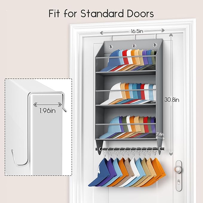 Homsorout Over the Door Hat Rack - 3-Layer Design Hat Organizer Holds 30-36 Hats with 10 Hooks, Ideal Hat Rack for Door, Over the Door Organizer for Closet, Apartment, Bedroom, Dorm, 2 Pack, Grey