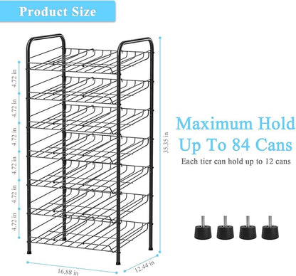 Vrisa Can Organizer for Pantry 7-tier Can Rack Organizer Metal Can Storage Dispenser Rack Holds up to 84 Cans for Canned Food Kitchen Cabinet or Pantry Shelf Black
