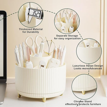 Diesisa Makeup Brush Holder Organizer,360° Rotating Makeup Brush Organizer,5 Slot Make up Brushes Cup for Cosmetics, Nail Polish, Art Supply, Bathroom Vanity Desktop Organizer - Cream