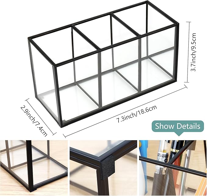 ELEGANTLIFE Clear Glass Makeup Brush Organizer,Luxurious Tempered Glass Cosmetics Brushes Storage Holder for Refined Bathroom Decor (Black, 3 Sections)