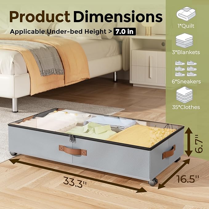 LAMU Under Bed Storage with Wheels, 2 Pack Under Bed Storage Containers with Clear Lids & Label, Rolling Under Bed Drawers for Clothes, Shoes, Blankets, Grey