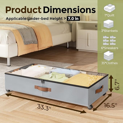 LAMU Under Bed Storage with Wheels, 2 Pack Under Bed Storage Containers with Clear Lids & Label, Rolling Under Bed Drawers for Clothes, Shoes, Blankets, Grey