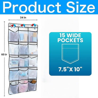 Cruise Magnetic Door Organizer with Hooks, Over the Door Organizer for Cruise Ship Cabins, 15 Mesh Pockets, Magnetic Shoe Organizer, White, 60 x 24 in